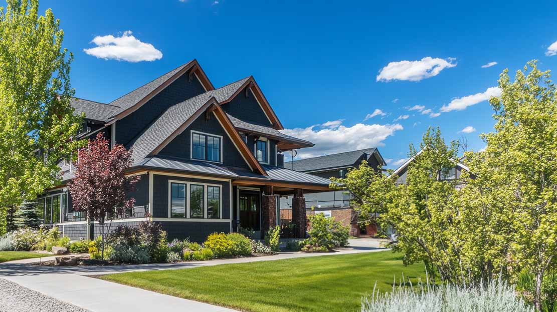 Residential neighborhood with mountain scenery